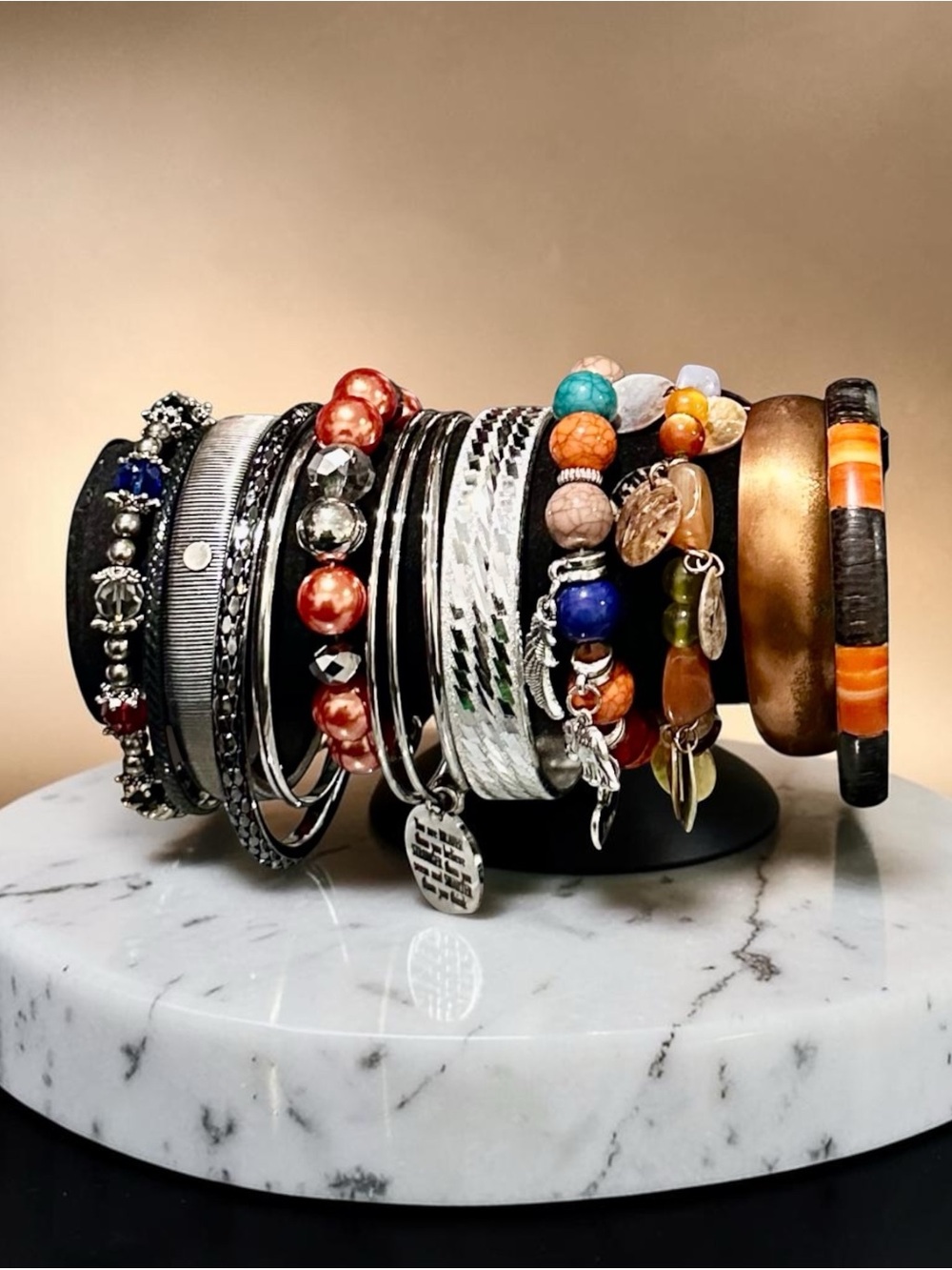 Boho Mixed Media Bracelet Stack • Earthy Beaded & Textured Silver Bangles Set